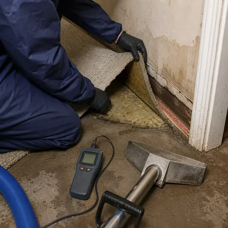 Technician pulling back wet carpet beside an extraction wand and moisture meter in a La Mesa home