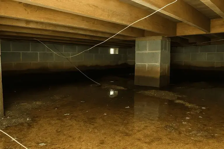 Standing water under a raised floor in a crawl space with concrete block piers