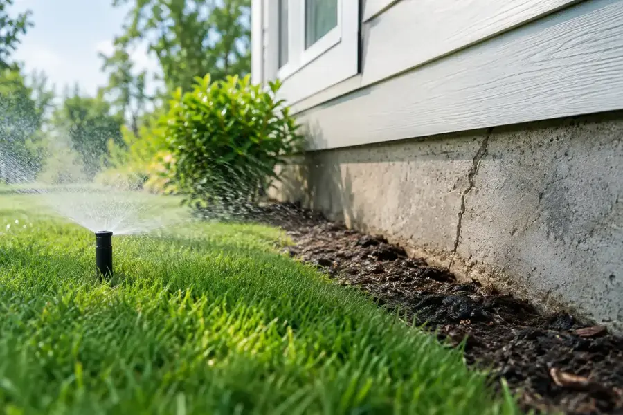 Sprinkler spraying against a house foundation in La Mesa