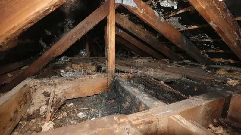 Attic rafters stained by a roof leak in La Mesa