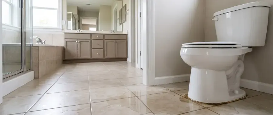 Water on a tile bathroom floor around a toilet in La Mesa