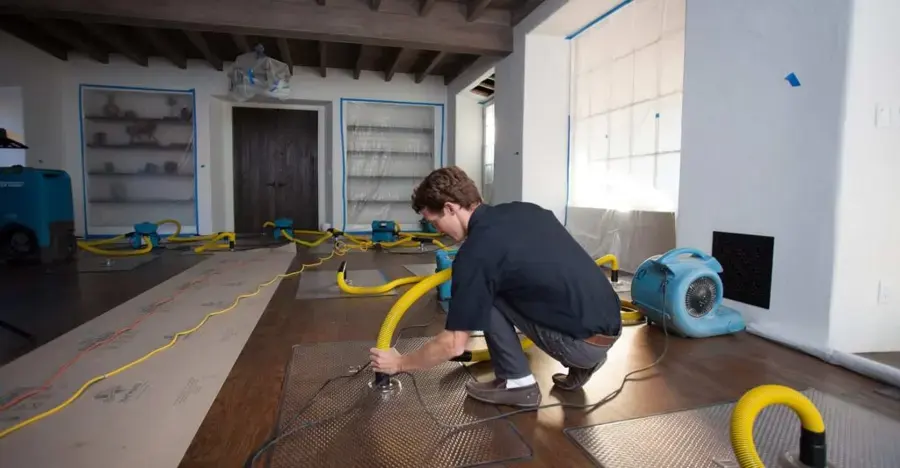 Technician running an extraction hose across a wet wood floor during a La Mesa water extraction
